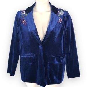 Colleen Lopez Velvet Blazer Blue Embroidered Jacket Size Large